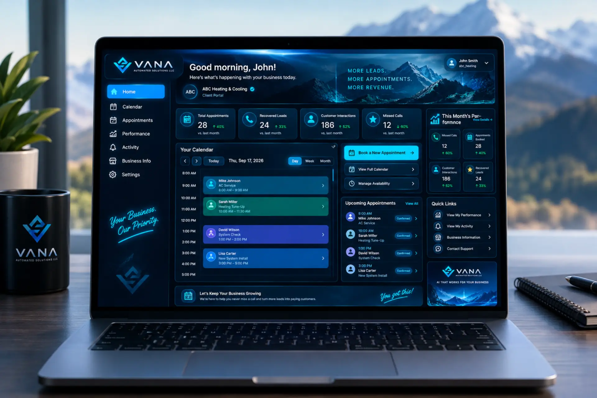A preview of what your Vana dashboard could look like, showing appointments, recovered leads, and customer interactions